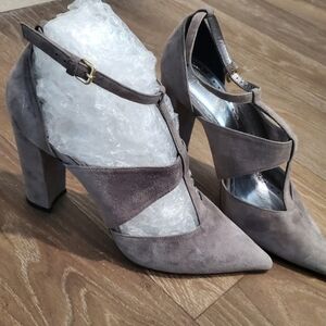 Jean-Michel Cazabat Gray Suede Pumps Leather Cutout Ankle Strap T-bar